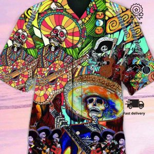 Multicolor Skeleton Guitar Print Short Sleeve Hawaiian Shirt