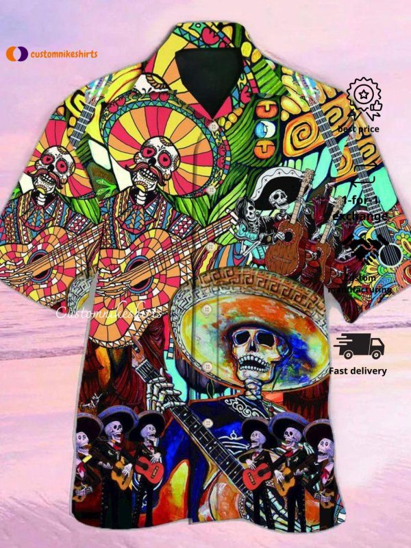 Multicolor Skeleton Guitar Print Short Sleeve Hawaiian Shirt