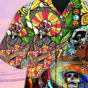 Multicolor Skeleton Guitar Print Short Sleeve Hawaiian Shirt