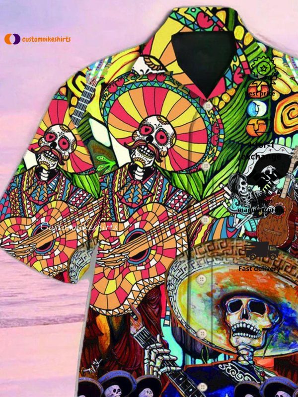 Multicolor Skeleton Guitar Print Short Sleeve Hawaiian Shirt