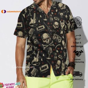 Rock N Roll Will Never Die Hawaiian Shirt Electric Guitar Skull And Crossbones Hawaiian Shirt