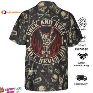 Rock N Roll Will Never Die Hawaiian Shirt Electric Guitar Skull And Crossbones Hawaiian Shirt