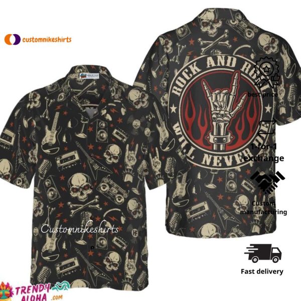 Rock N Roll Will Never Die Hawaiian Shirt Electric Guitar Skull And Crossbones Hawaiian Shirt