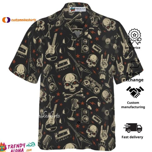 Rock N Roll Will Never Die Hawaiian Shirt Electric Guitar Skull And Crossbones Hawaiian Shirt